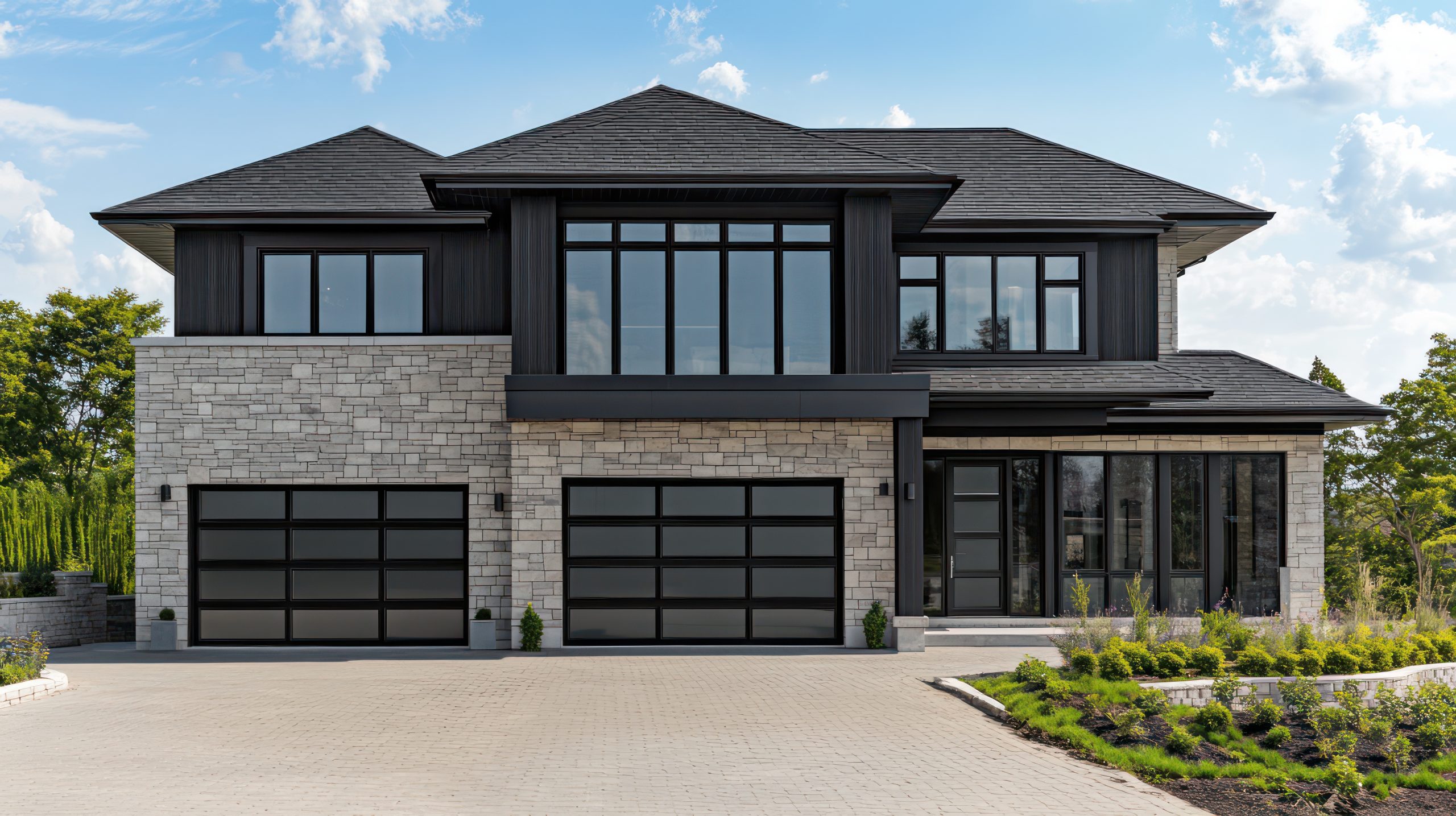 A modern two-story home with a clean stone fa? section ade, a contrasting black shingle roof, and dark tinted windows