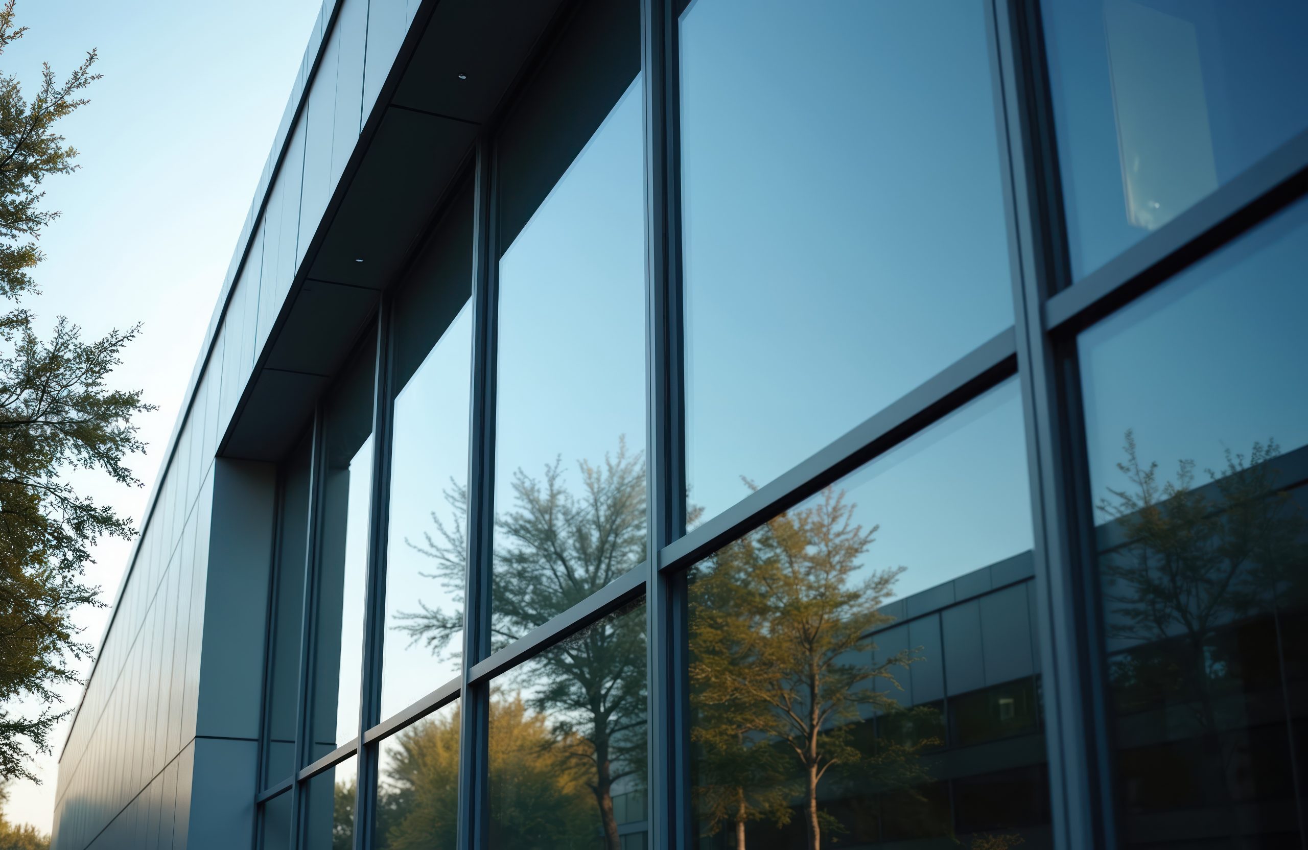Modern corporate building facade features large dark glass windows. Windows reflect clear blue sky, green trees. Tinted glass offers sun protection, energy efficiency, privacy for office spaces.