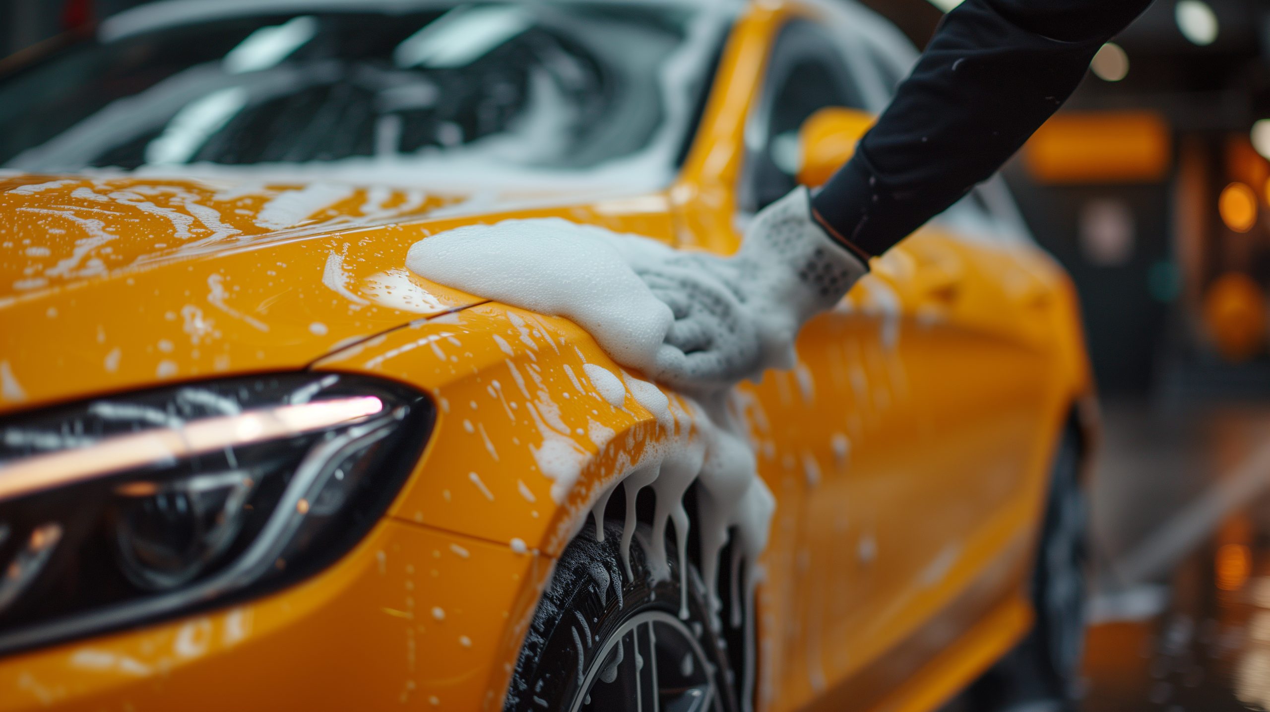 Washing car by hands with wax soaps.