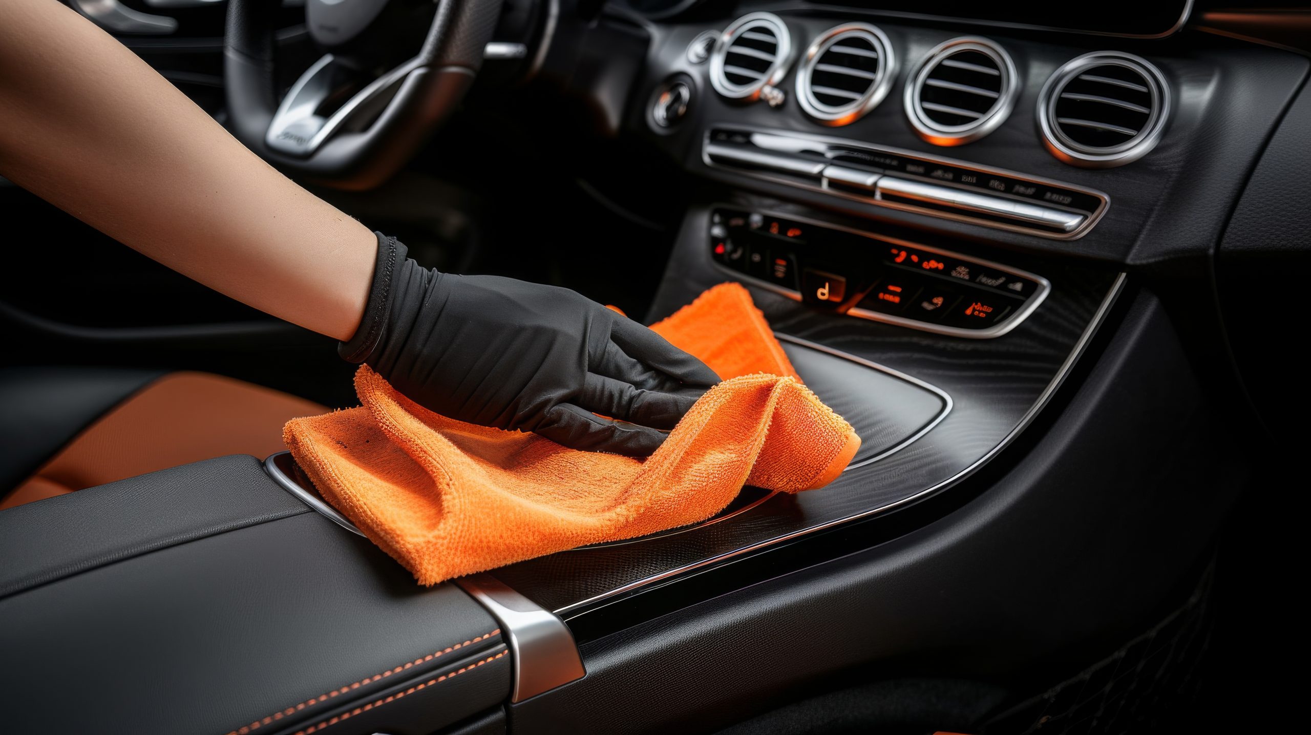 Hand car interior drying of gearbox and dashboard using microfiber in detailing auto service. Cleaner worker dry car interior.