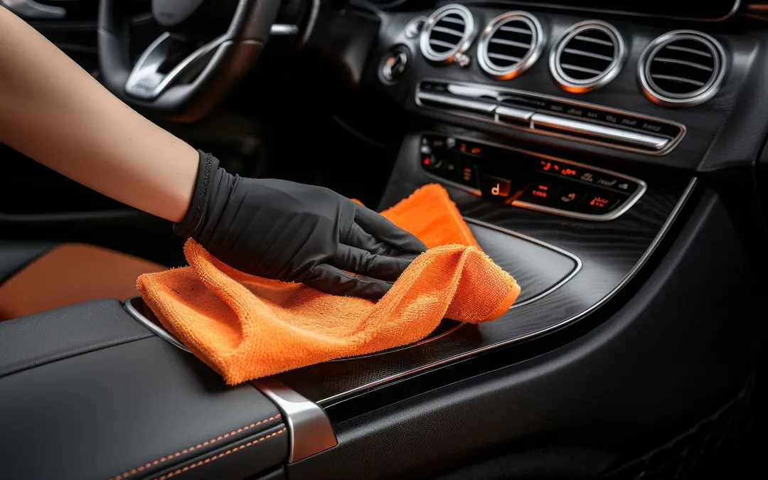 Hand car interior drying of gearbox and dashboard using microfiber in detailing auto service. Cleaner worker dry car interior.